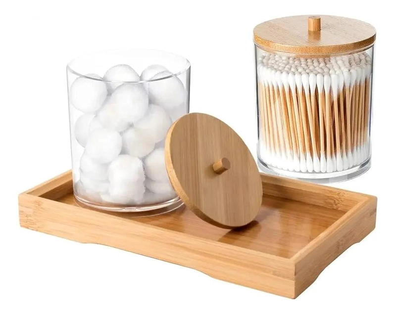 DISPENSADOR MULTIUSO PARA HISOPOS Y ALGODON CON TAPA DE BAMBU - 1