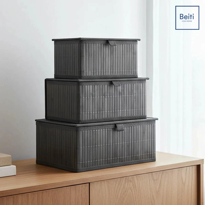 SET DE 3 CANASTOS ORGANIZADORES DE BAMBU EN COLOR GRIS - 1