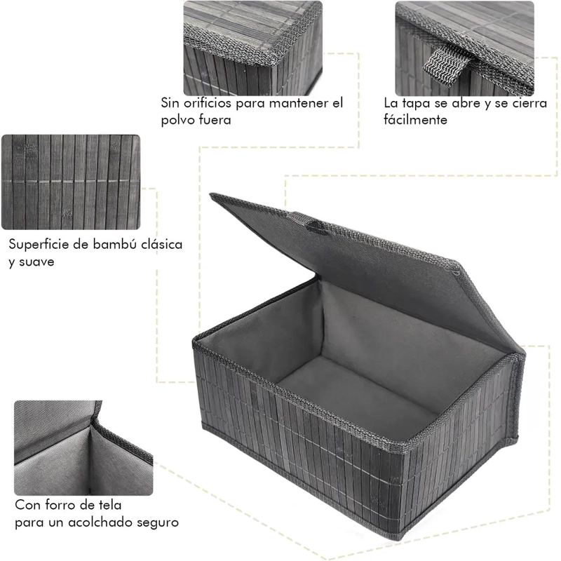 SET DE 3 CANASTOS ORGANIZADORES DE BAMBU EN COLOR GRIS - 2