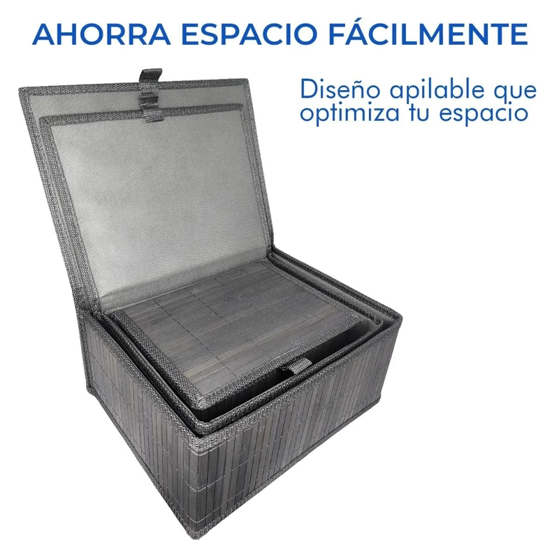 SET DE 3 CANASTOS ORGANIZADORES DE BAMBU EN COLOR GRIS - 3