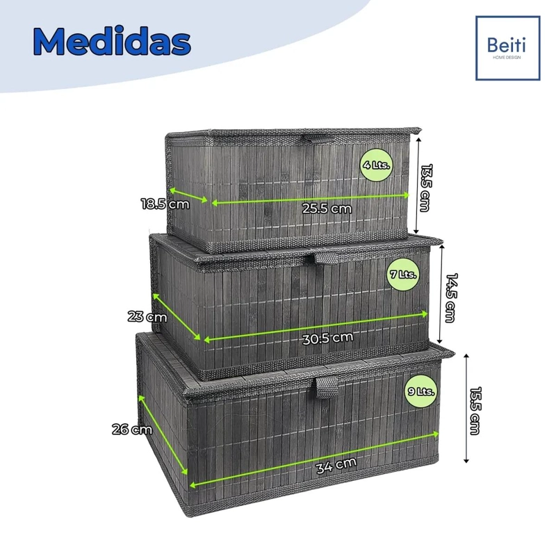 SET DE 3 CANASTOS ORGANIZADORES DE BAMBU EN COLOR GRIS - 4