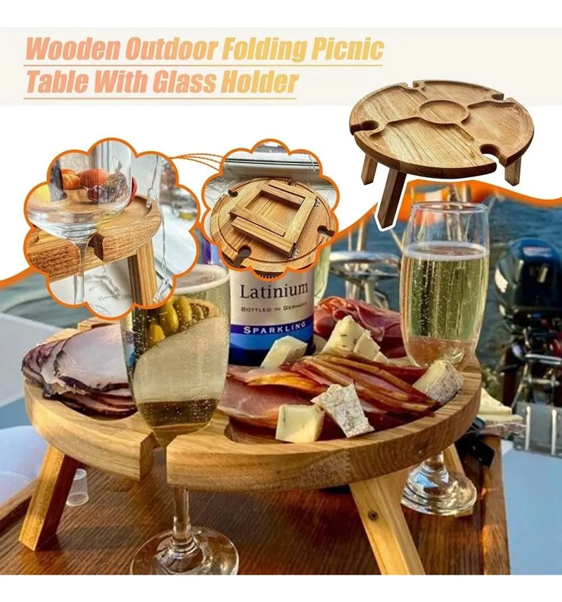 MESA PLEGABLE DE MADERA PARA PICNIC CON BOTELLERO INTEGRADO Y DISEÑO PORTATIL - 4