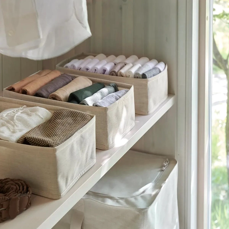 SET DE 3 CAJAS ORGANIZADORAS PARA ROPA BEIGE DE TEXTIL 20X38X12 CM - 4