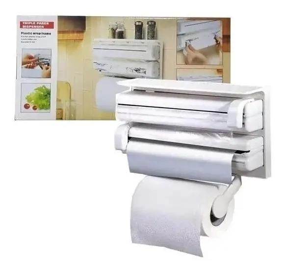 PORTARROLLO DISPENSADOR TRIPLE PARA COCINA CON CORTE FACIL Y DISEÑO COMPACTO - 1