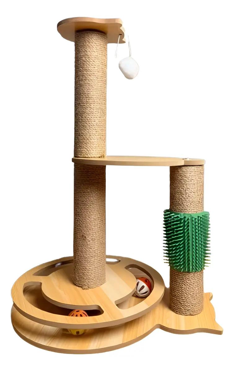 TORRE DE MADERA PARA GATOS CON RASCADOR Y JUGUETE INTERACTIVO - 1