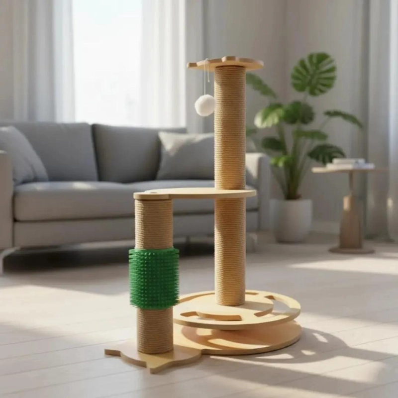 TORRE DE MADERA PARA GATOS CON RASCADOR Y JUGUETE INTERACTIVO - 2