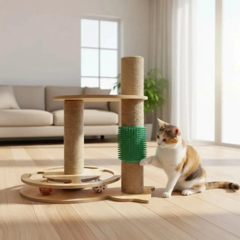 TORRE DE MADERA PARA GATOS CON RASCADOR Y JUGUETE INTERACTIVO - 3