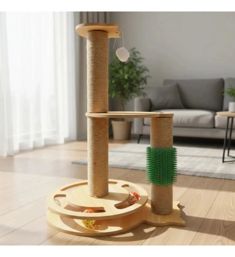 TORRE DE MADERA PARA GATOS CON RASCADOR Y JUGUETE INTERACTIVO - 4