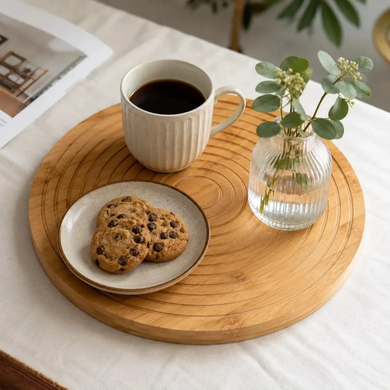 BANDEJA REDONDA DE BAMBU CON DISEÑO CIRCULAR PARA DECORACION Y USO DIARIO - 1