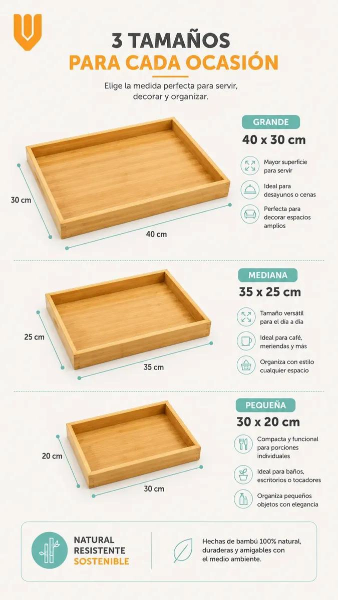 SET DE 3 BANDEJAS RECTANGULARES DE BAMBU PARA DESAYUNO Y USO MULTIPLE - 2