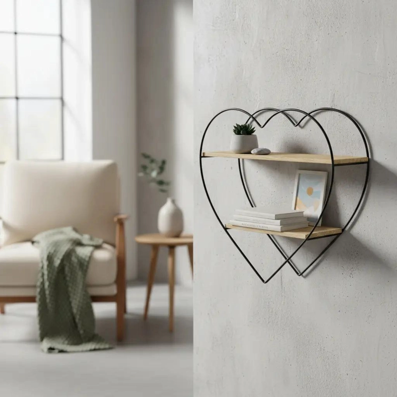 REPISA DECORATIVA ORGANIZADORA DE MADERA Y METAL CON DISEÑO DE CORAZON - 1