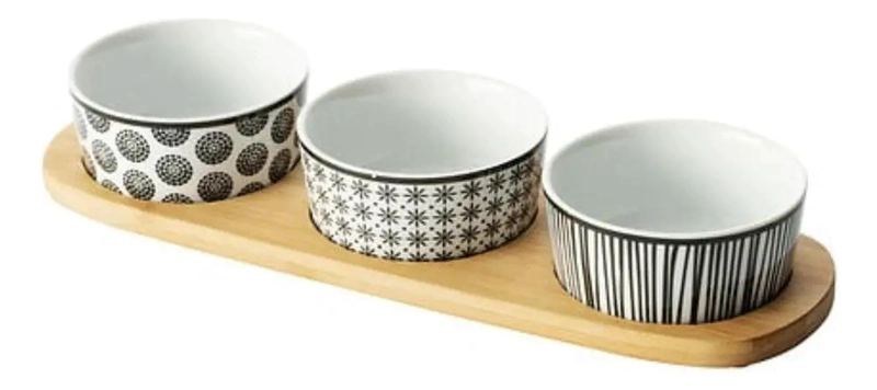 SET DE 4 PIEZAS PARA APERITIVOS CON BANDEJA DE BAMBU Y CERAMICA - 1