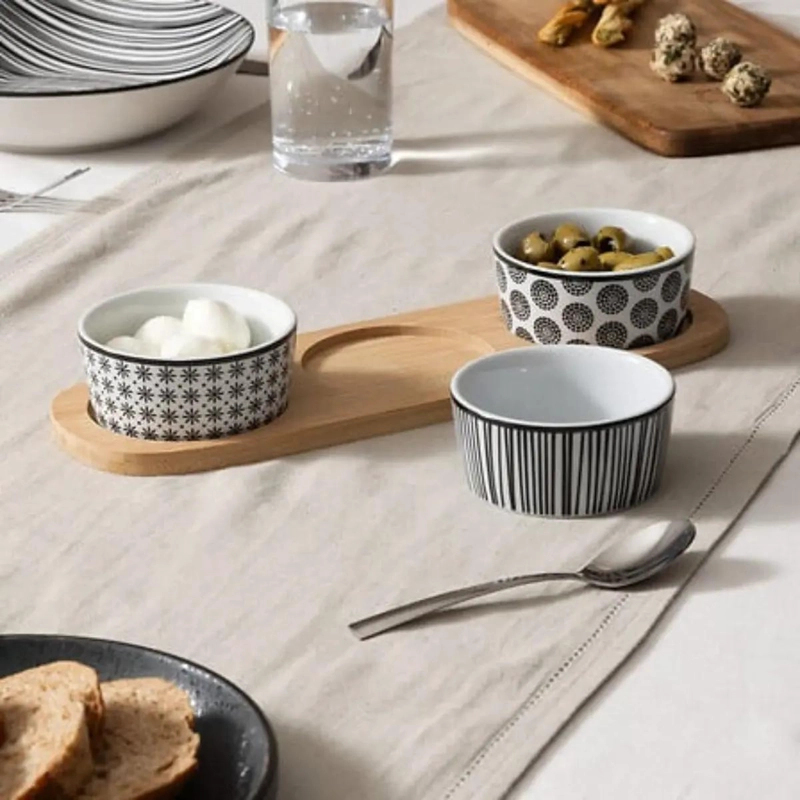 SET DE 4 PIEZAS PARA APERITIVOS CON BANDEJA DE BAMBU Y CERAMICA - 3