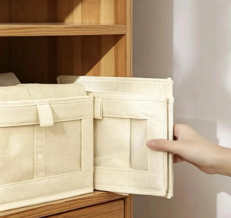 SET DE 3 CAJAS ORGANIZADORAS DE TELA COLOR CRUDO CON VENTANA - 3