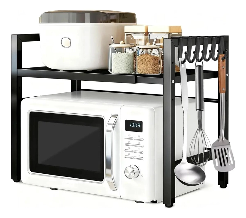 ESTANTE EXTENSIBLE PARA HORNO MICROONDAS CON GANCHOS COLOR NEGRO - 1