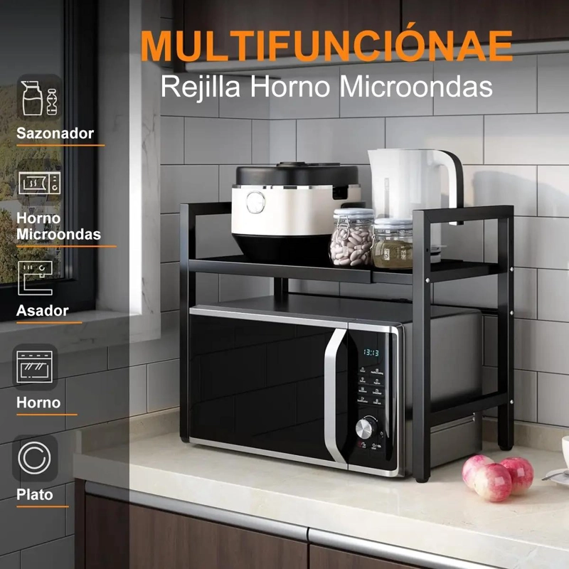 ESTANTE EXTENSIBLE PARA HORNO MICROONDAS CON GANCHOS COLOR NEGRO - 3