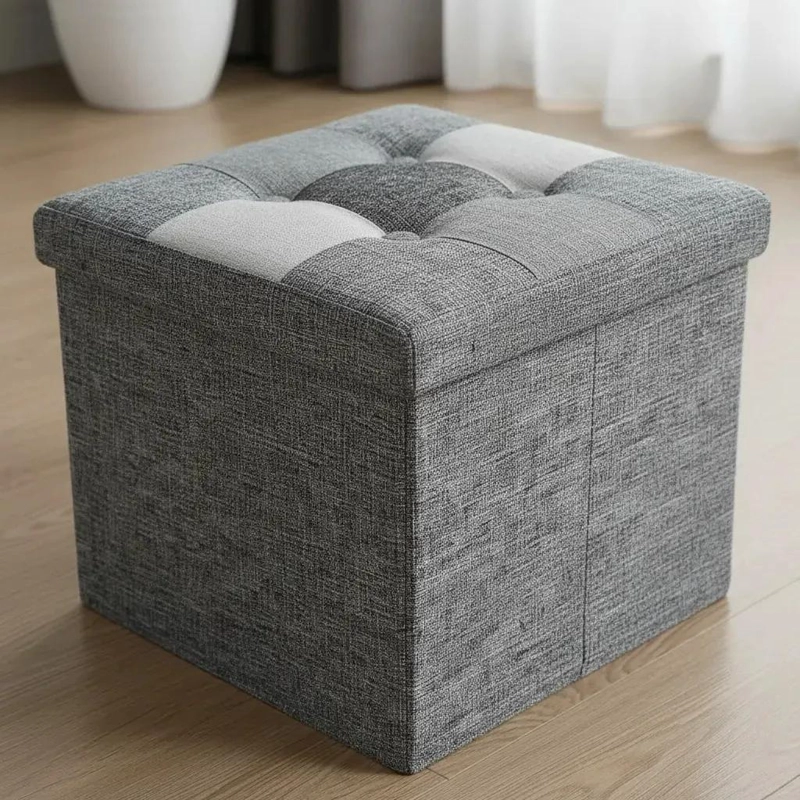 PUFF BAUL PLEGABLE DE TELA TNT COLOR GRIS CON DISEÑO MIX DE 38X38 CM - 1