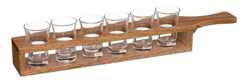 SOPORTE DE MADERA CON 6 VASOS DE CHUPITO PARA BEBIDAS - 1