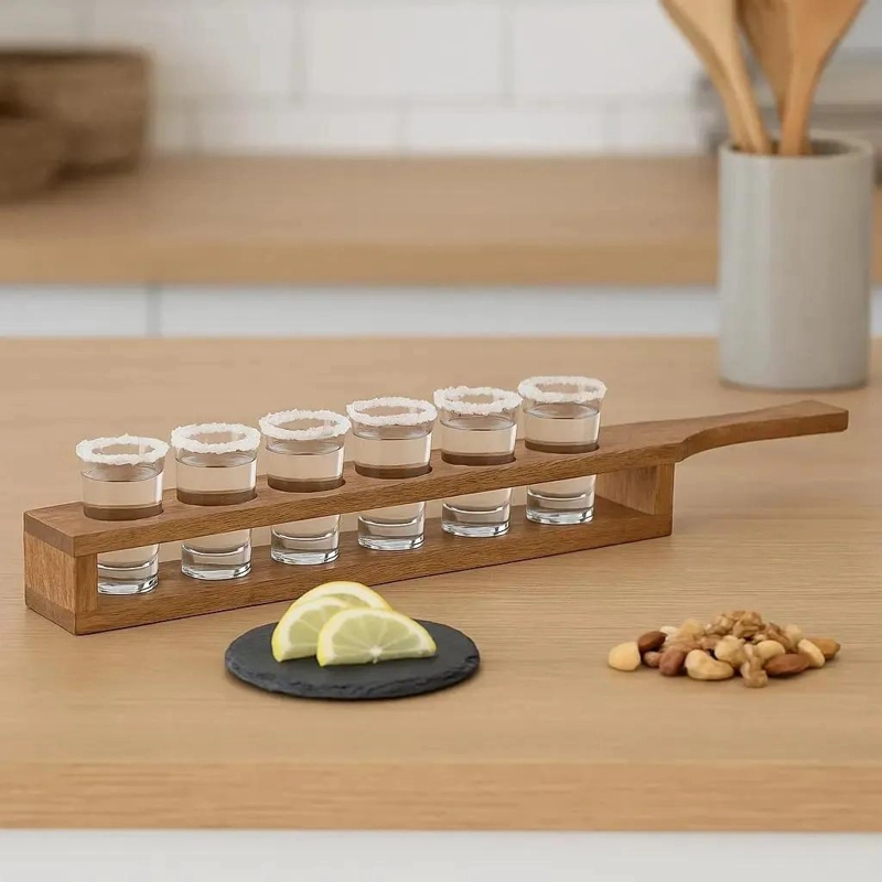 SOPORTE DE MADERA CON 6 VASOS DE CHUPITO PARA BEBIDAS - 2