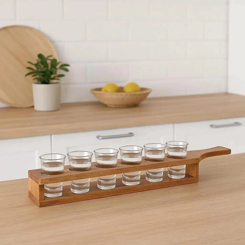 SOPORTE DE MADERA CON 6 VASOS DE CHUPITO PARA BEBIDAS - 3