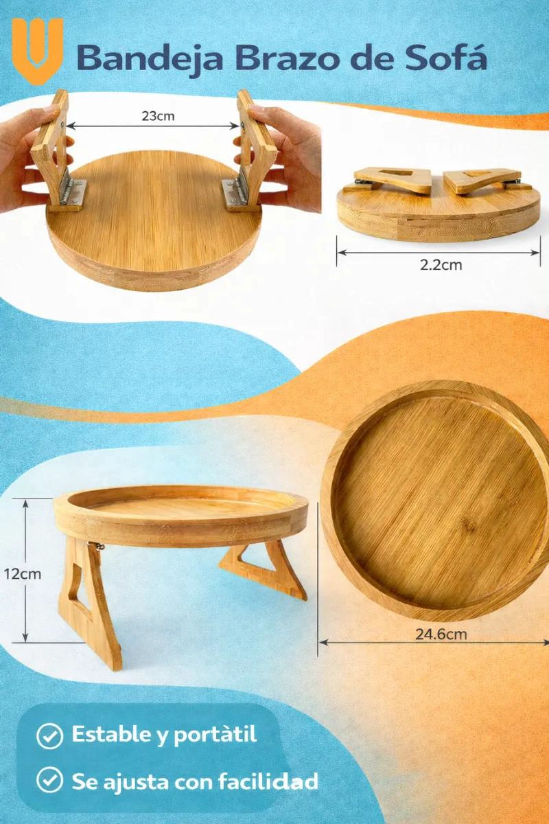 BANDEJA PLEGABLE DE BAMBU CON PORTA VASOS PARA REPOSABRAZOS DE SOFA - 2