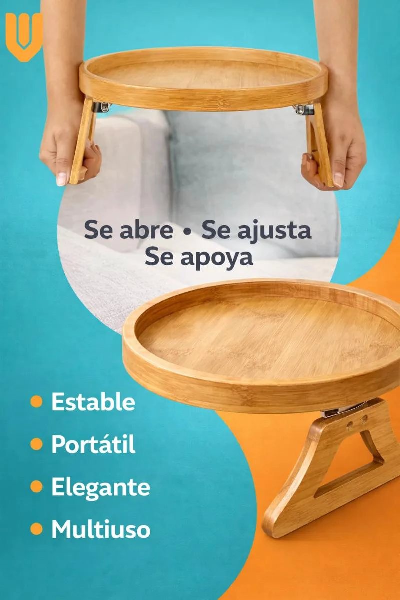 BANDEJA PLEGABLE DE BAMBU CON PORTA VASOS PARA REPOSABRAZOS DE SOFA - 4