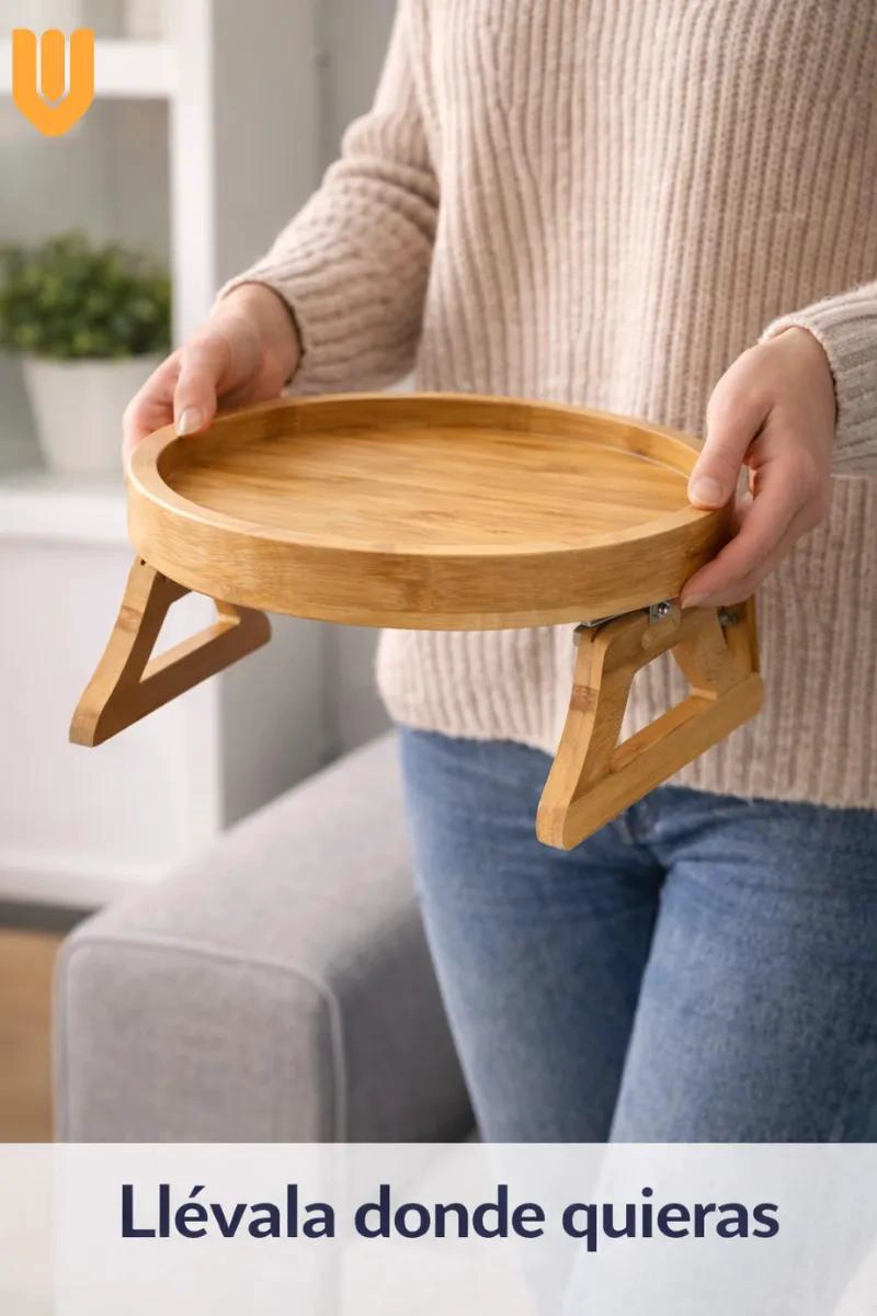 BANDEJA PLEGABLE DE BAMBU CON PORTA VASOS PARA REPOSABRAZOS DE SOFA - 5
