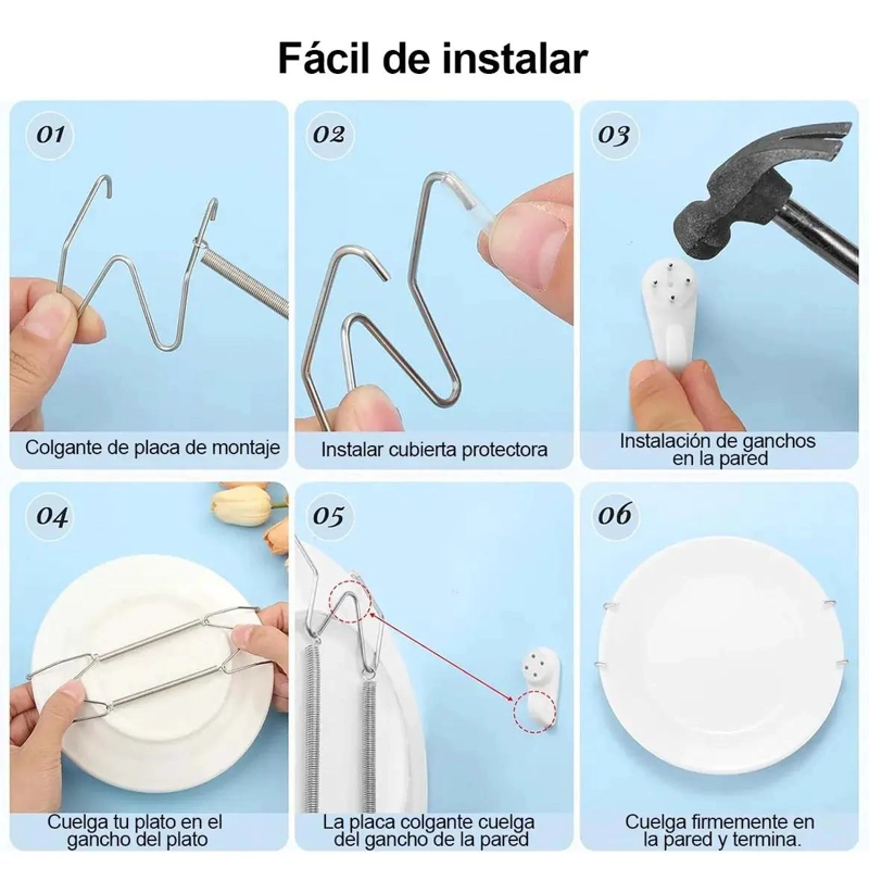SET DE 12 COLGADORES PARA PLATOS DE ACERO INOXIDABLE PARA PARED - 3
