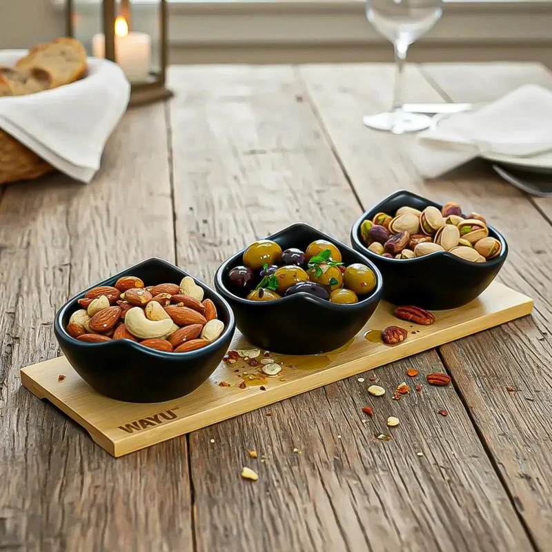 SET DE 3 BOWLS DE CERAMICA PARA APERITIVOS CON BANDEJA - 1