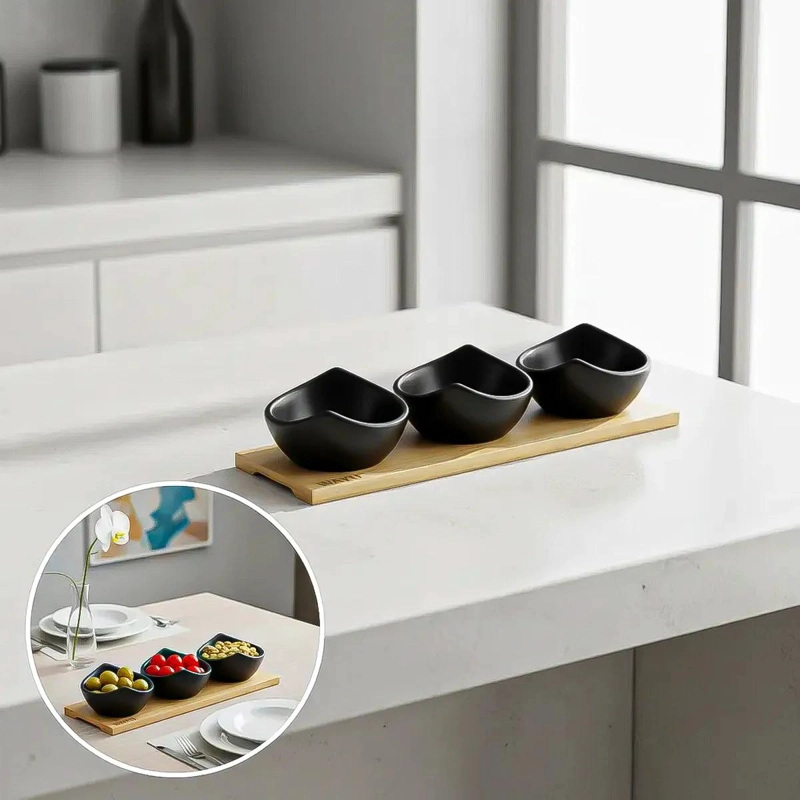 SET DE 3 BOWLS DE CERAMICA PARA APERITIVOS CON BANDEJA - 3