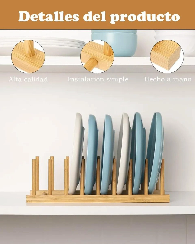 ORGANIZADOR PARA PLATOS DE BAMBU CON SOPORTE RESISTENTE Y COMPACTO - 3