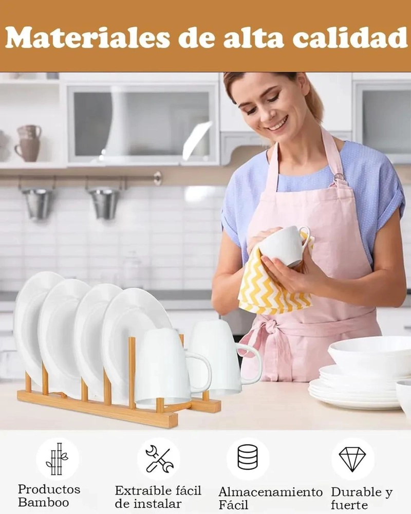 ORGANIZADOR PARA PLATOS DE BAMBU CON SOPORTE RESISTENTE Y COMPACTO - 4