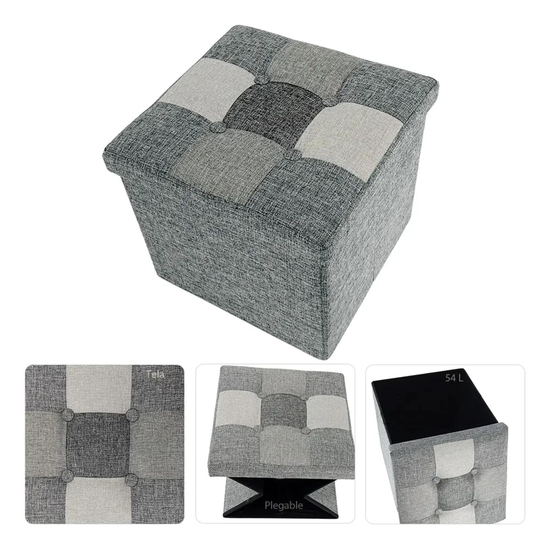 PUFF BAUL PLEGABLE ORGANIZADOR DE TELA GRIS 38X38 CM - 1