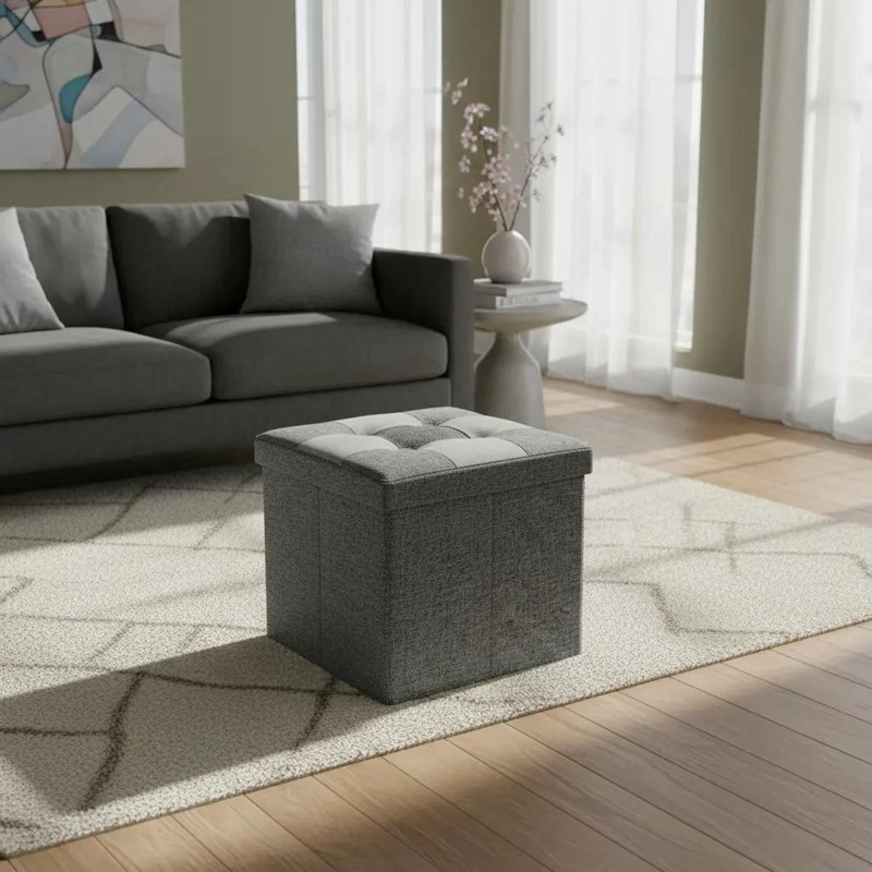 PUFF BAUL PLEGABLE ORGANIZADOR DE TELA GRIS 38X38 CM - 2