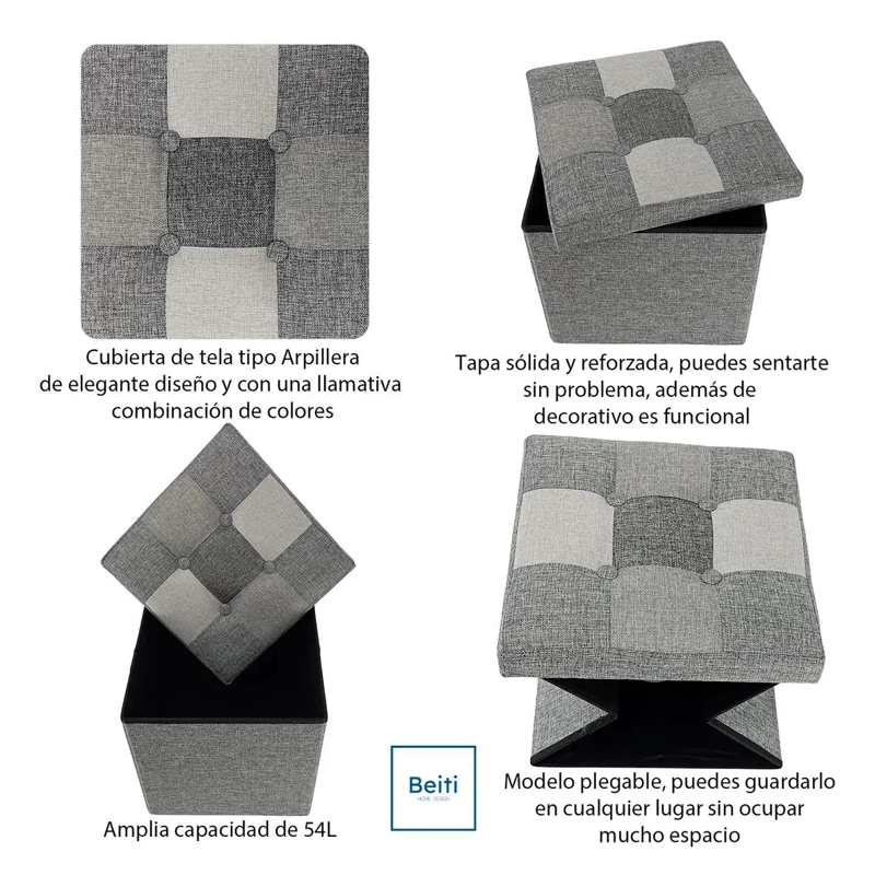 PUFF BAUL PLEGABLE ORGANIZADOR DE TELA GRIS 38X38 CM - 3