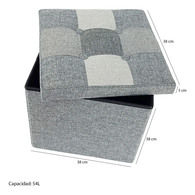 PUFF BAUL PLEGABLE ORGANIZADOR DE TELA GRIS 38X38 CM - 4