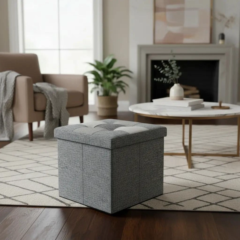 PUFF BAUL PLEGABLE ORGANIZADOR DE TELA GRIS 38X38 CM - 5