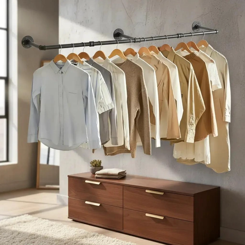 PERCHERO DE PARED METALICO DE 185 CM CON ESTANTE MULTIUSOS PARA ROPA - 1