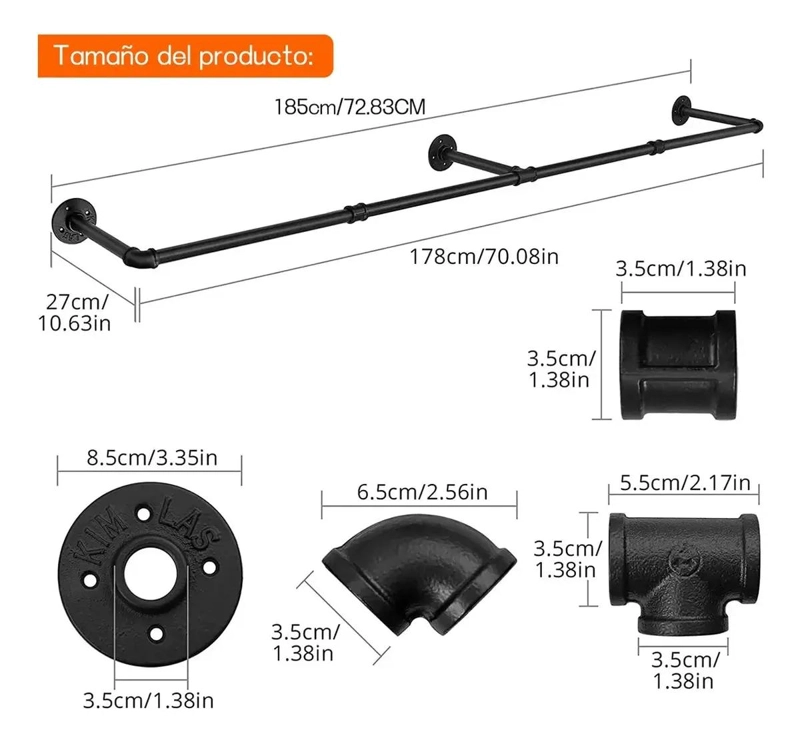 PERCHERO DE PARED METALICO DE 185 CM CON ESTANTE MULTIUSOS PARA ROPA - 2
