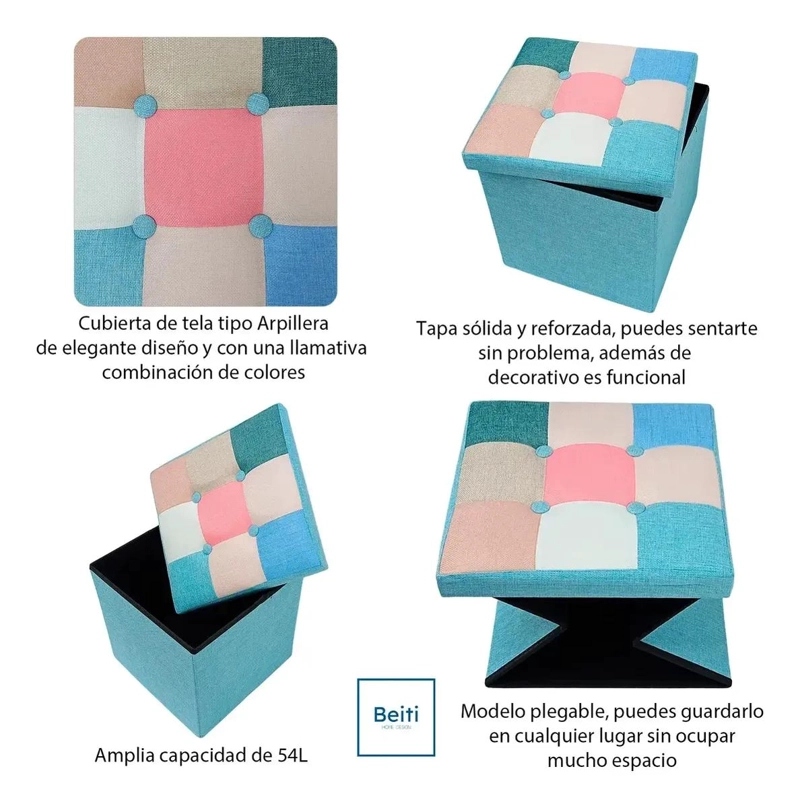PUFF BAUL PLEGABLE ORGANIZADOR 38X38 CM TELA MIX ROSADO - 3
