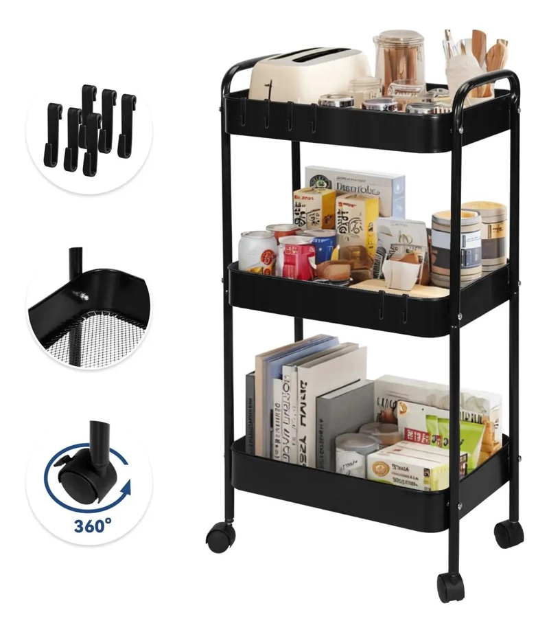 CARRITO ORGANIZADOR METALICO DE 3 NIVELES CON RUEDAS BLOQUEABLES NEGRO - 1