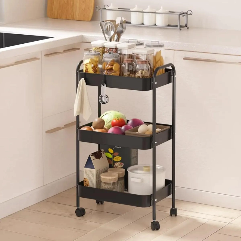 CARRITO ORGANIZADOR METALICO DE 3 NIVELES CON RUEDAS BLOQUEABLES NEGRO - 2