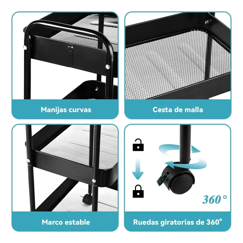 CARRITO ORGANIZADOR METALICO DE 3 NIVELES CON RUEDAS BLOQUEABLES NEGRO - 3
