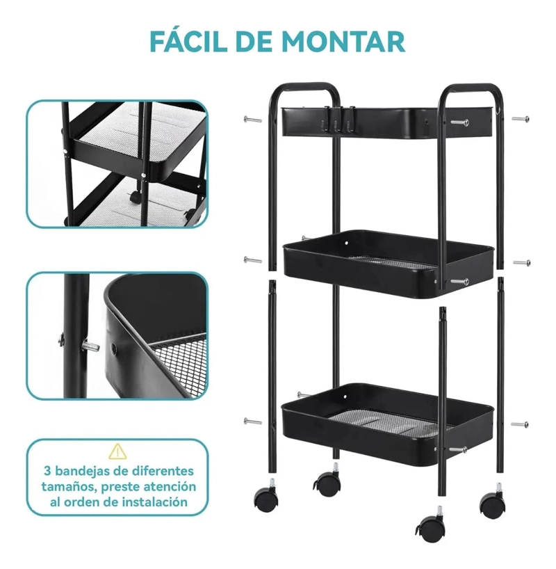 CARRITO ORGANIZADOR METALICO DE 3 NIVELES CON RUEDAS BLOQUEABLES NEGRO - 4