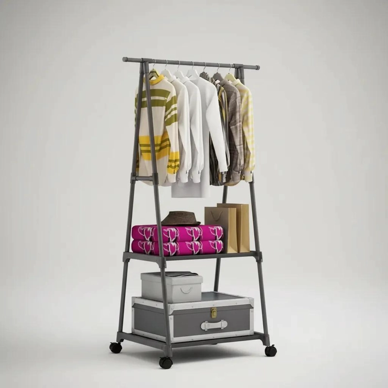 PERCHERO CON RUEDAS Y ESTANTE TRIANGULAR PARA COLGAR ROPA - 5