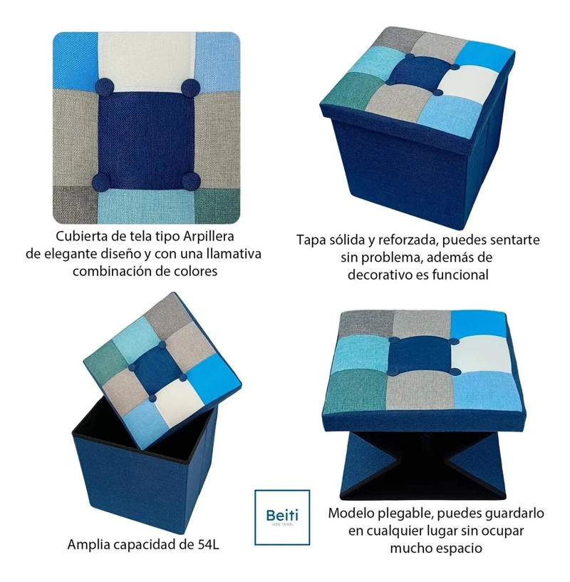 PUFF BAUL PLEGABLE ORGANIZADOR DE TELA MIX AZUL 38X38 CM - 3