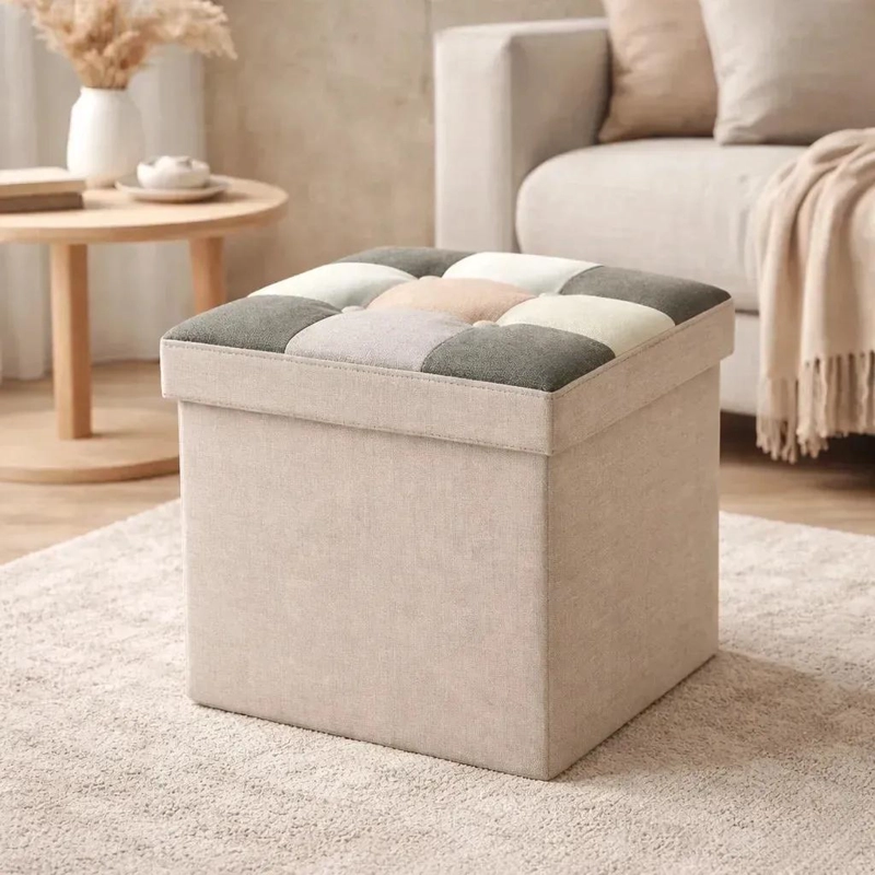 PUFF BAUL PLEGABLE ORGANIZADOR DE TELA BEIGE MIX 38X38 CM - 1