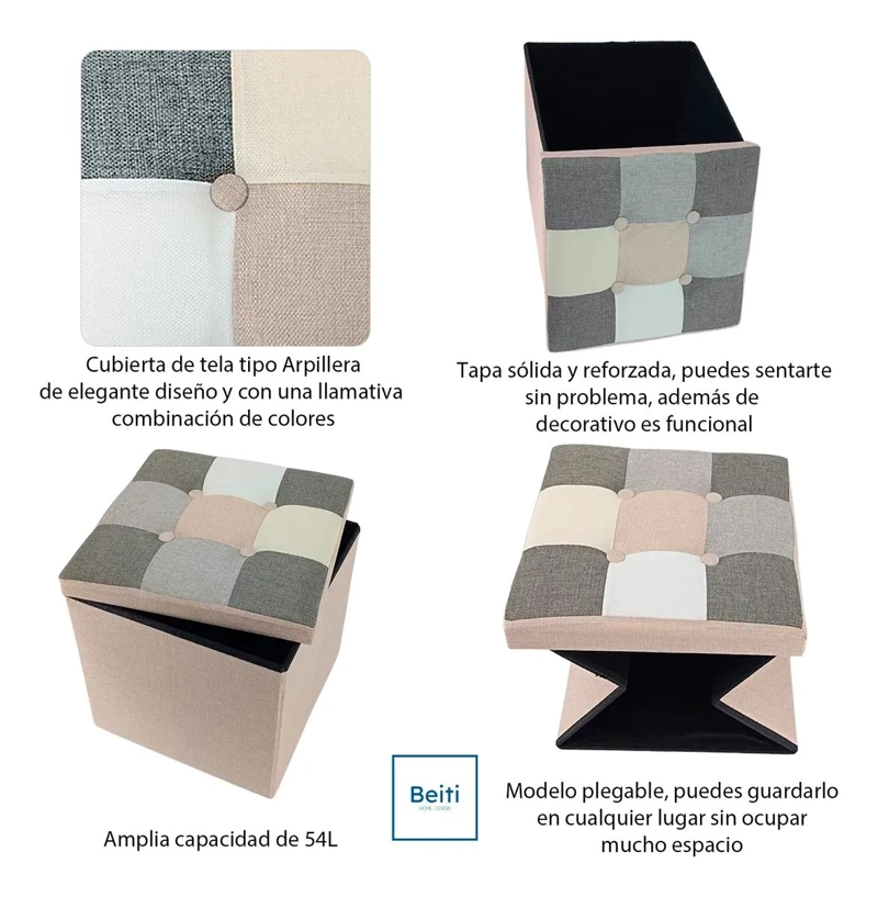 PUFF BAUL PLEGABLE ORGANIZADOR DE TELA BEIGE MIX 38X38 CM - 3
