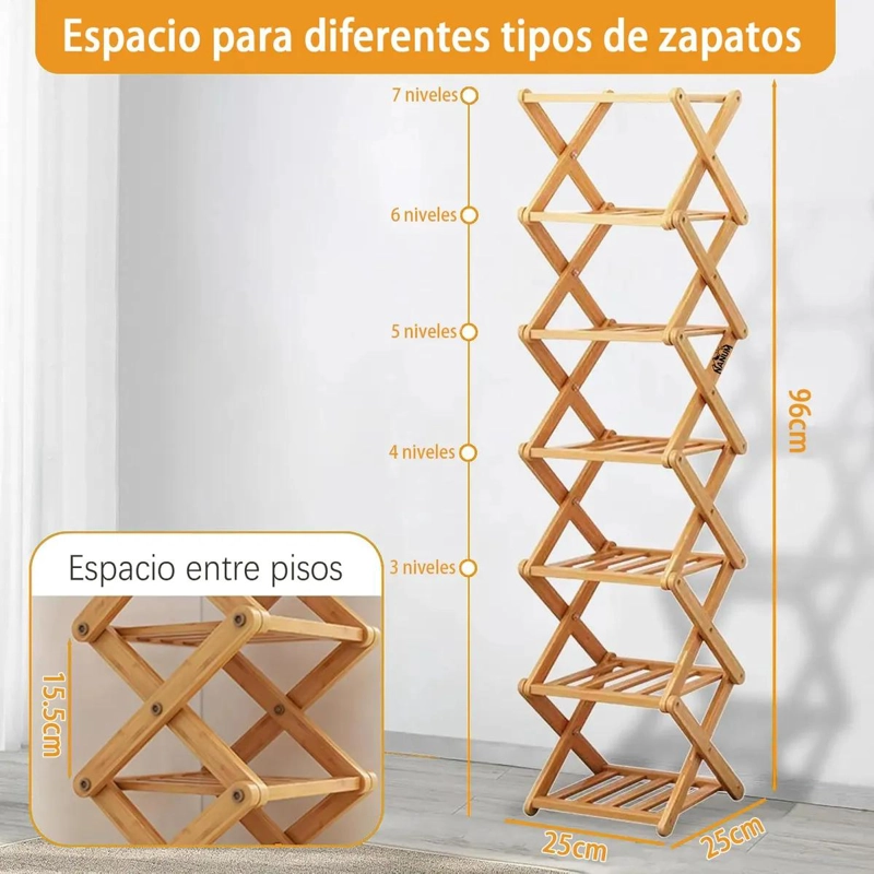 ORGANIZADOR PLEGABLE DE BAMBU CON 7 NIVELES PARA ZAPATOS Y USO MULTIPLE - 5