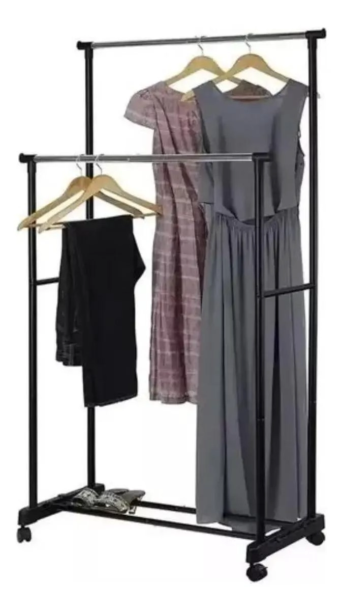 COLGADOR METALICO PARA ROPA CON DOBLE BARRA Y RUEDAS PARA FACIL MOVILIDAD - 1